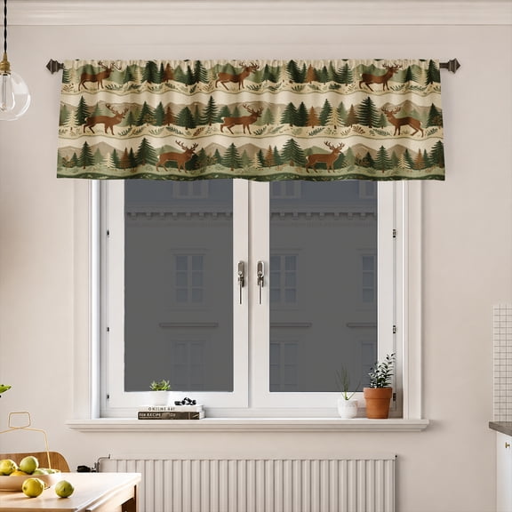 AshasdS Deer Forest Window Valance, Woodland Animal and Pine Tree Pattern Short Curtain for Kitchen Living Room Bedroom Cabin Lodge Home Decor