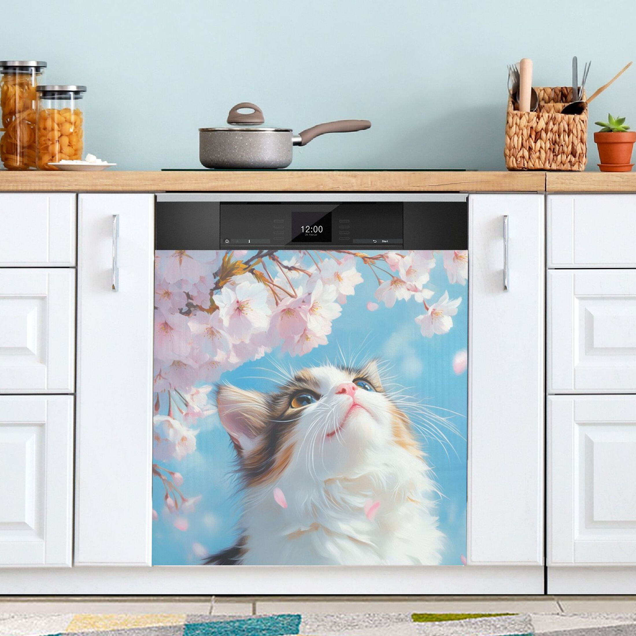 Dishwasher Magnetic Sticker 23x26 Inch Refrigerator Magnetic Sticker Washing Machine Magnetic Sticker Kitchen Panel Magnetic Sticker Home Decor Cherry Blossom White Cat