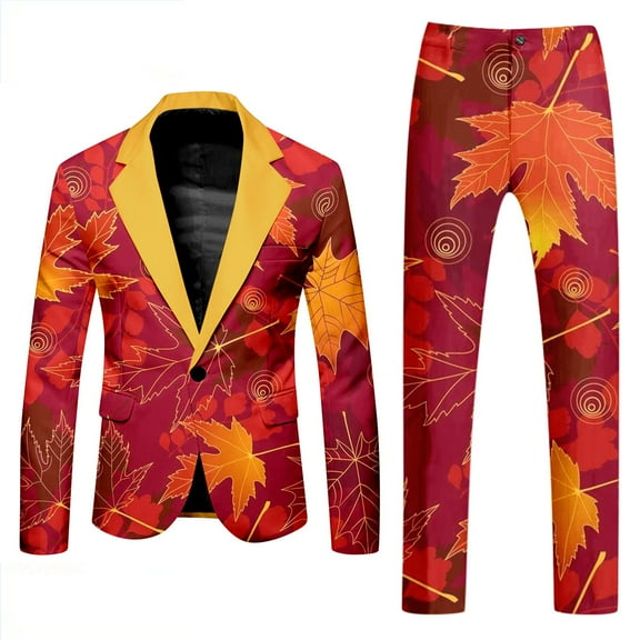 GHSOHS Mens Tuxedo Suit Set Suits for Men Canada Day Long Sleeve Coat and Pants Two Piece Suit Classic Fit 2 Piece Print Jacket Pants Set Button Pockets Suit for Holiday Party Events Jogging Suits
