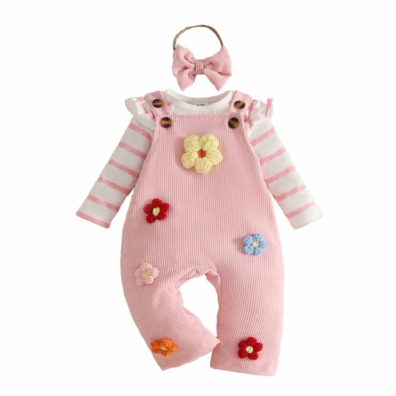 Emitonse Toddler Child Girls Outfit Sets Baby Girl Outfits Ruffled Short Sleeves Bodysuit Floral Embroidered Overall Short Sets With Bowknot Headband Pink,Size 6-12 Months