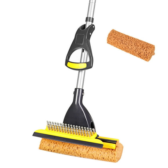 Eyliden Sponge Mop Home Commercial Use Tile Floor Bathroom Garage Cleaning with Total 2 Sponge Heads Squeegee and Extendable Telescopic Long Handle 42.5-52 Inches Easily Dry Wringing