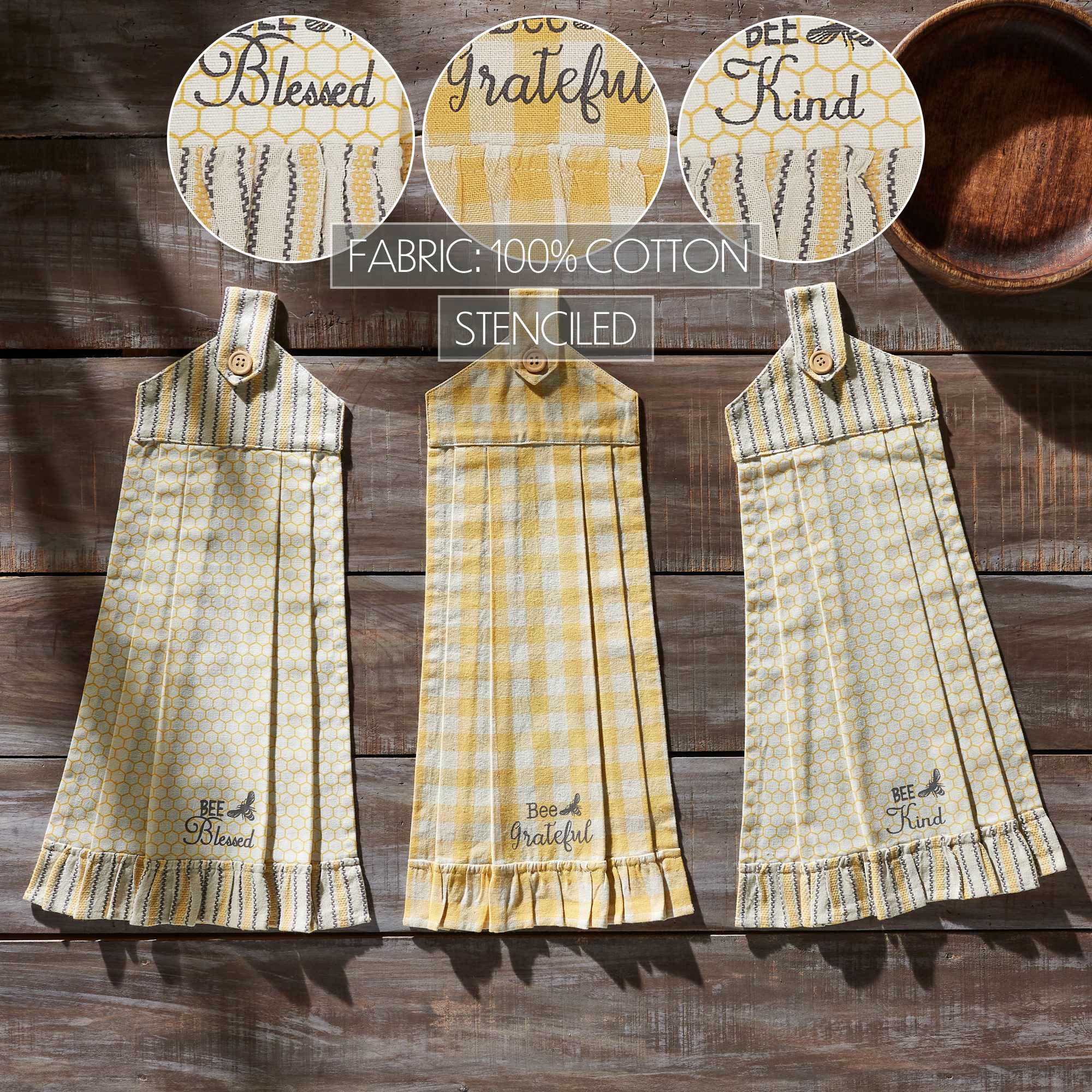 VHC Brands Cotton Buzzy Bees Button Loop Kitchen Towel Set of 3, Hanging Kitchen Towel, Distressed Appearance, Bath, Kitchen, Rectangle 21x7, Bee Kind, Grateful, Blessed, Vintage Yellow