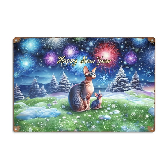 Happy New Year Sphynx Family Cheer Winter Midnight Firework Horizontal Metal Aluminum Sign Cat Lover Kitten Owner Gifts Idea Wall Art Home Decor - 02025