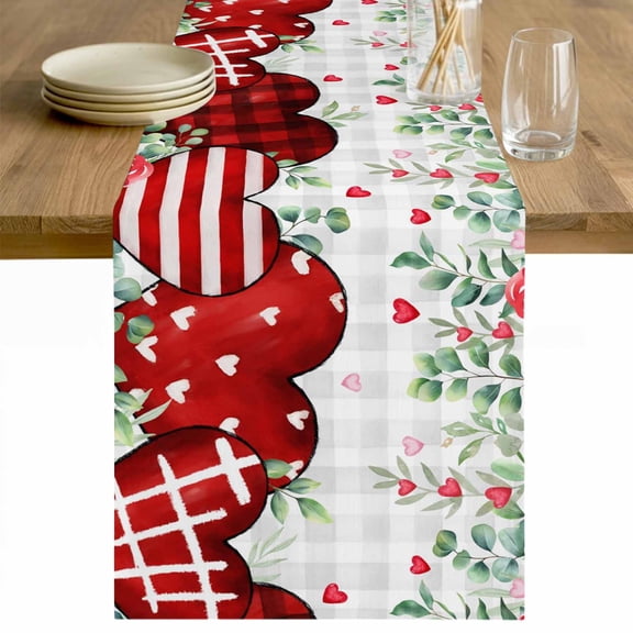 Valentine's Day Table Runner 120 Inches Long Farmhouse Dress Scarves, Red Love Heart Eucalyptus Floral Grey Plaid Dining Tablerunner for Coffee Table/Kitchen Island/Party Décor, 13" x 120"