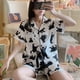 thumbnail image 5 of Pijama de verano para mujer, cárdigan fino de algodón, manga corta, pantalones cortos, estampado de oso, ropa de casa (blanco, negro, talla L), 5 of 6