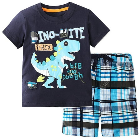 

HIBRO Toddler Boys Short Sleeve Cartoon Dinosaur Prints T Shirt Tops Shorts Child Kids Outfits Bodysuit 3 Months Long Plaid Shirt