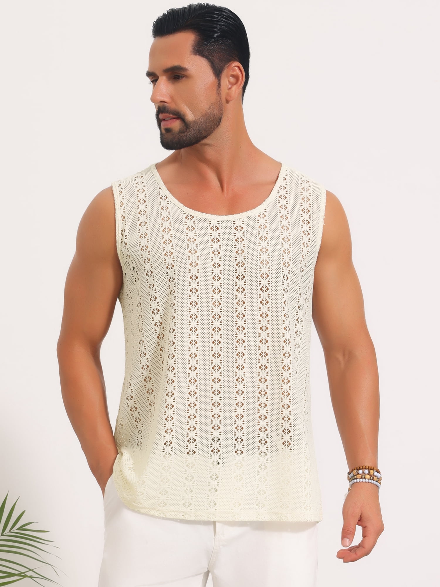 DARING DIVA Men's Lightweight Breathable Crew Neck Sleeveless Sheer Vest 2XL Light Beige