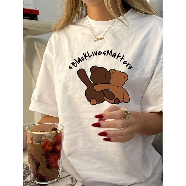 Vintage Crew Neck T-Shirt for Women, Summer Casual Knit Polyester Top with Geometric Pattern, Regular Length - Black Lives Matter Print