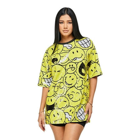 2Chique Boutique Women's Sequin Smiley Face T Shirt Mini Dress Tunic Regular One Size Yellow