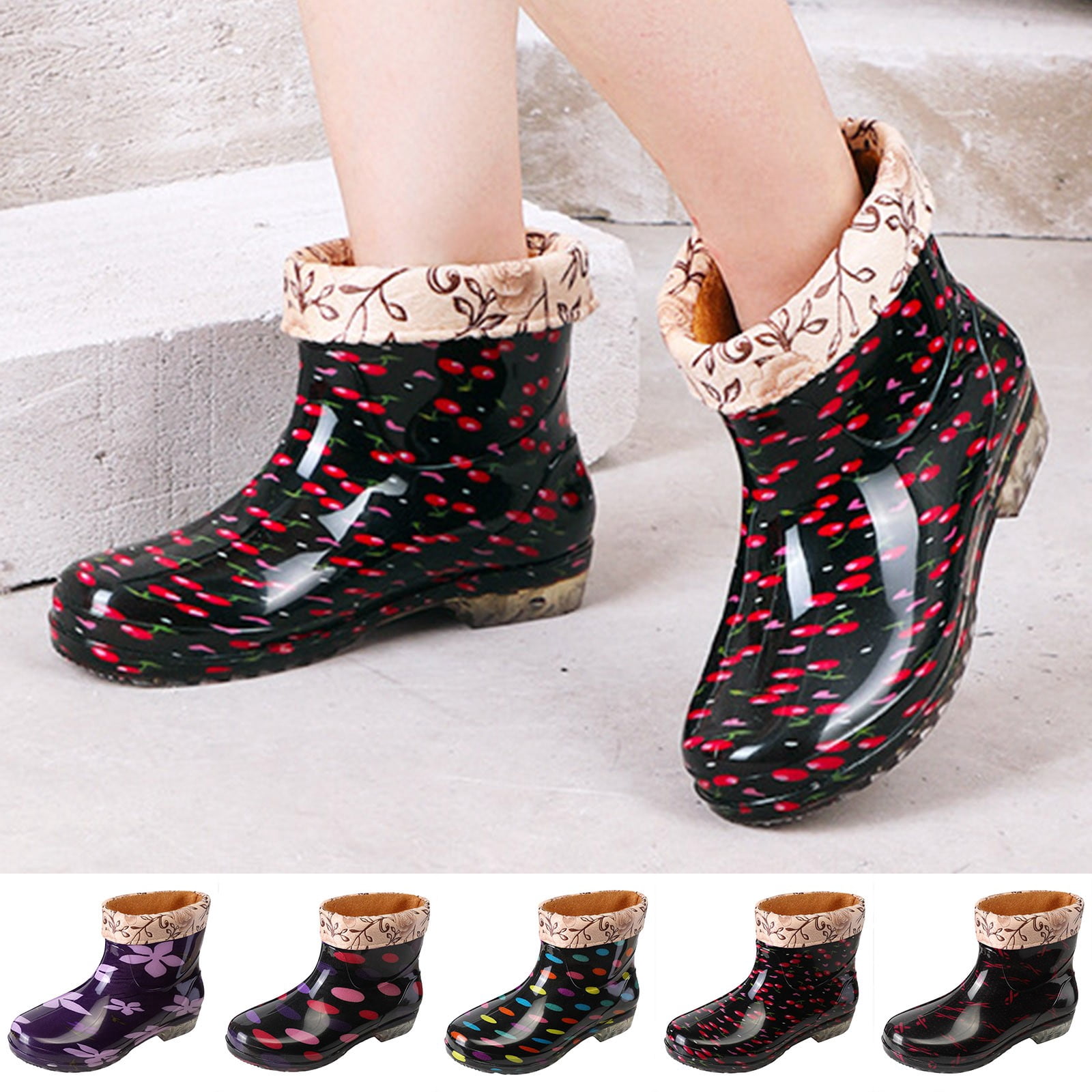 Mepaouo Ankle Rain Boots for Women Floral Fleece Lined Garden Shoes Waterproof Walking Outdoor Rainboot