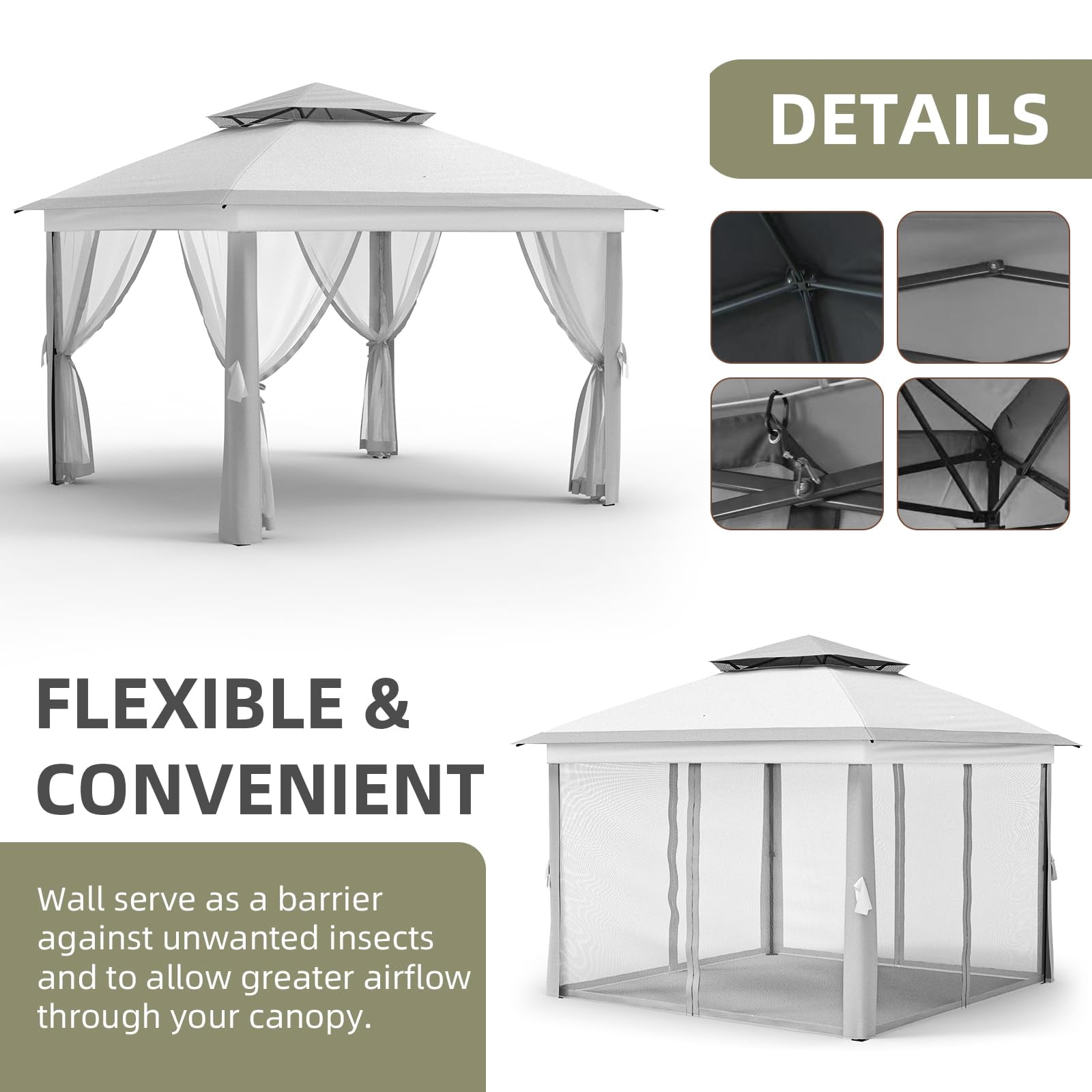 11x11 ft Outdoor Gazebo, Heavy Duty Gazebo with Sturdy Metal Frame & Double Roofs, Patio Shelter with Mosquito Netting, Ideal for Backyard, Garden, Lawn, Deck, Light Grey
