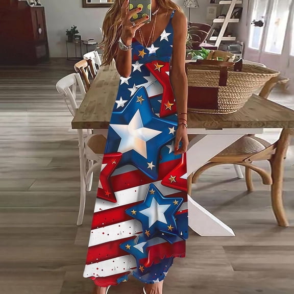 Frostluinai Women American Flag Dress 4th of July Summer Dresses Sleeveless V Neck Maxi Dress Red White and Blue Tank Dress Tunic Dress