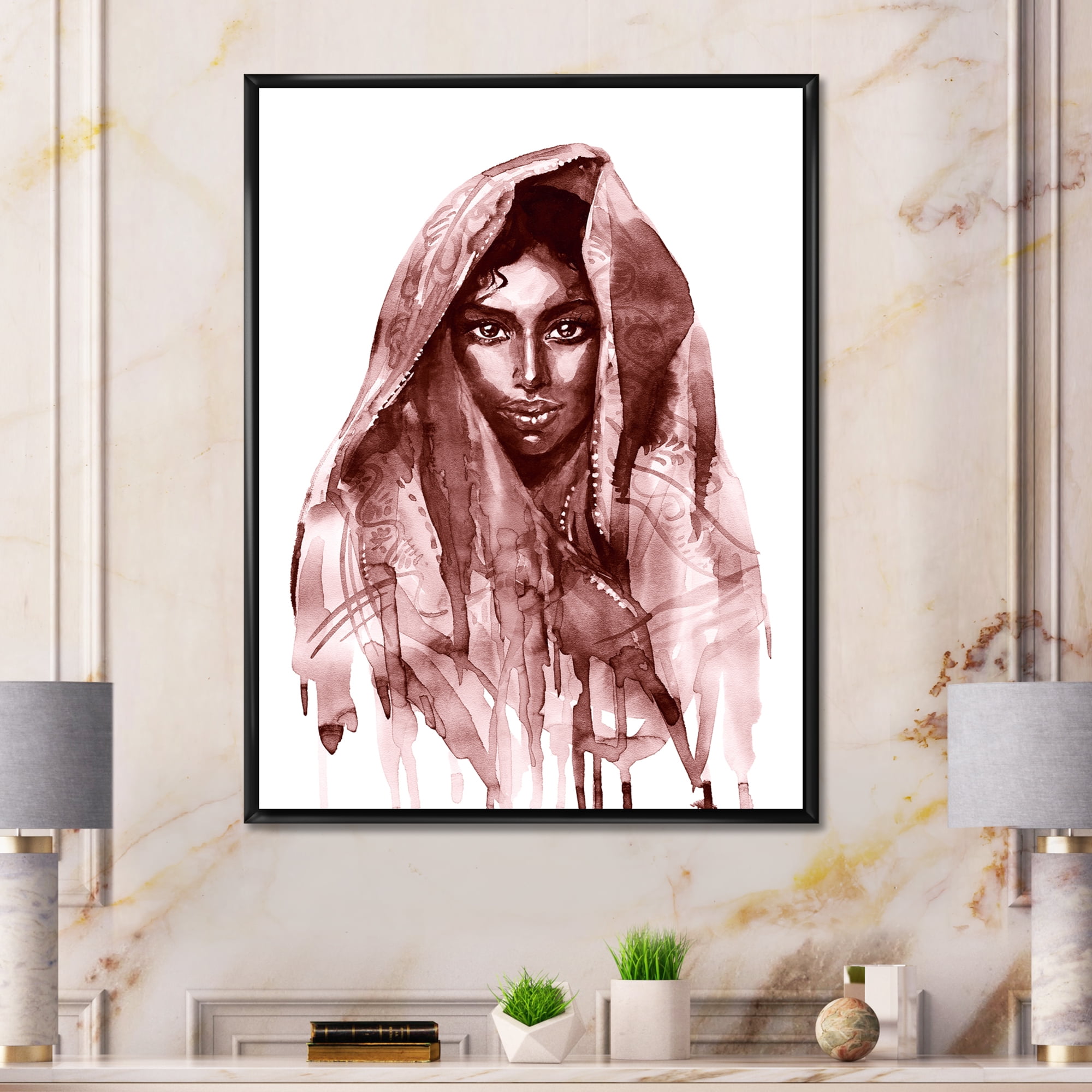 Designart 'Black and White Portrait of Young Indian Woman II' Modern Framed Canvas Wall Art Print
