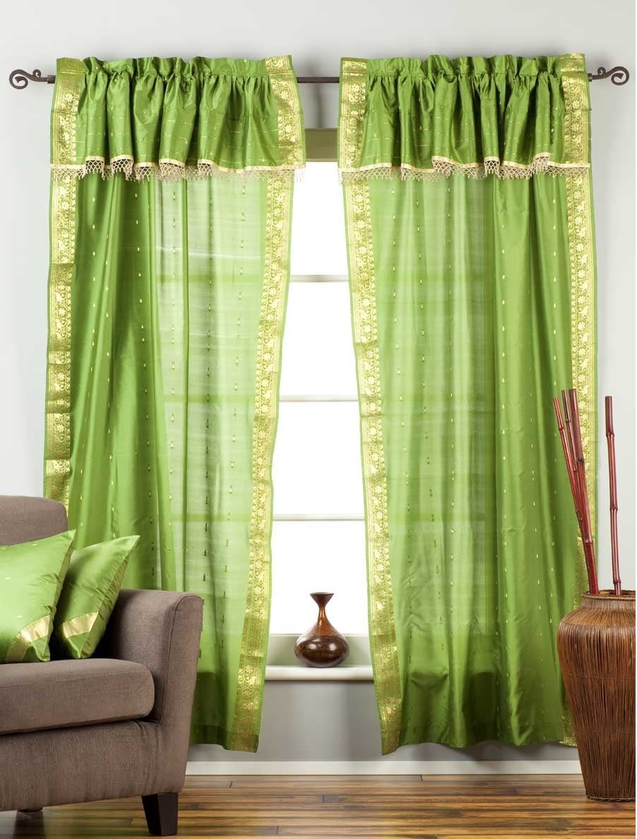 2 Panels 2 Tiebacks-Gypsy Rod Pocket Curtains w/ Beaded Valance Green 43W 84L