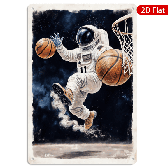 8x12 Inch Metal Wall Art Astronaut Basketball Dunk Space Force Zero Gravity Retro Decor Single Piece for Man Cave Garage Room
