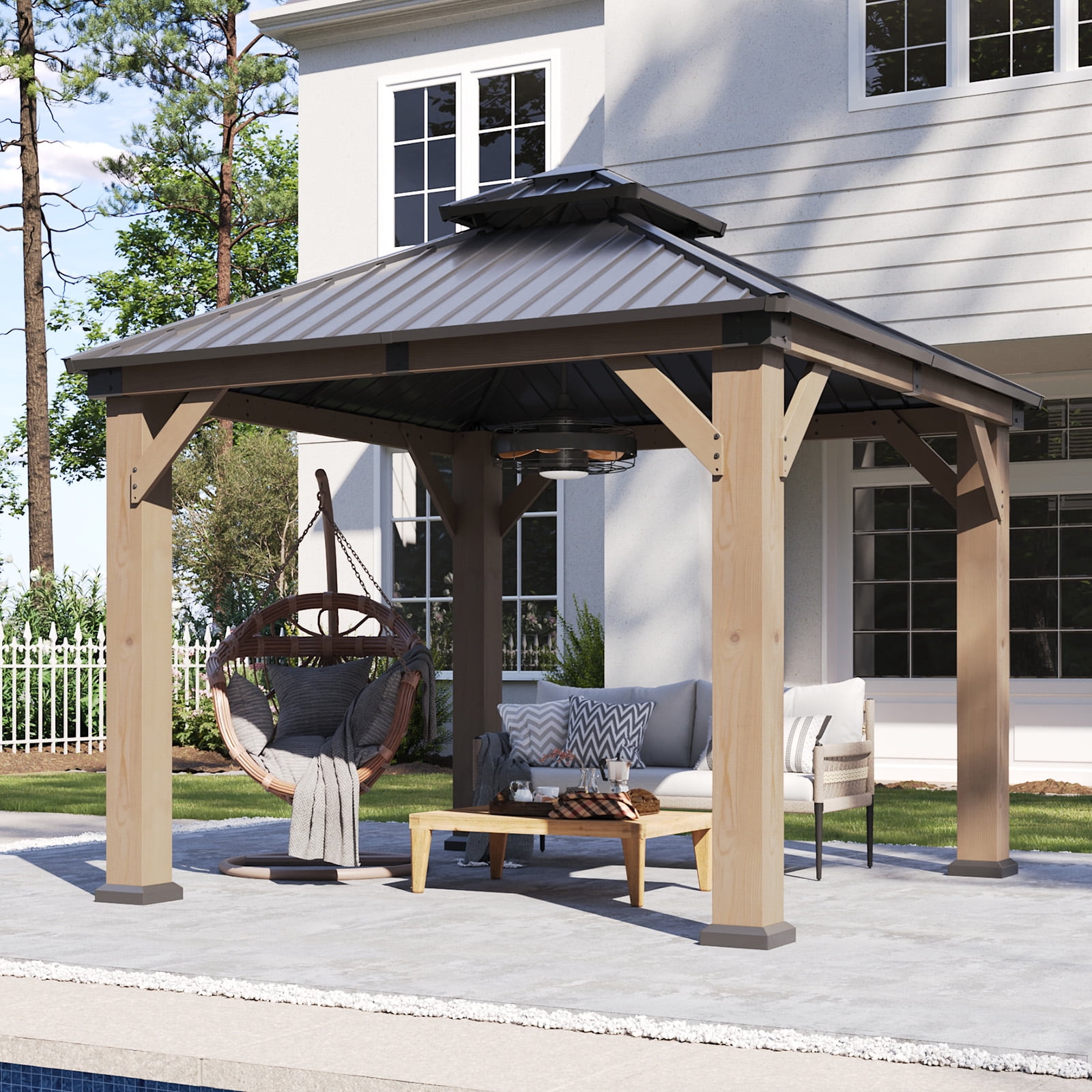 Dateyes 10' x 10' Outdoor Wood Gazebo, Hardtop Gazebo Permanent Wooden Pavilion with Galvanized Steel Double Roof, for Patio, Garden, Deck, Cedar Wood