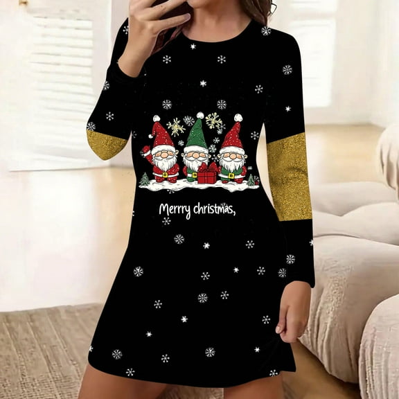 FDGIU Women's Christmas Sleep Dress, Long Sleeve Comfy Soft Nightie, Round Neck Tshirt Dress Casual House Dress