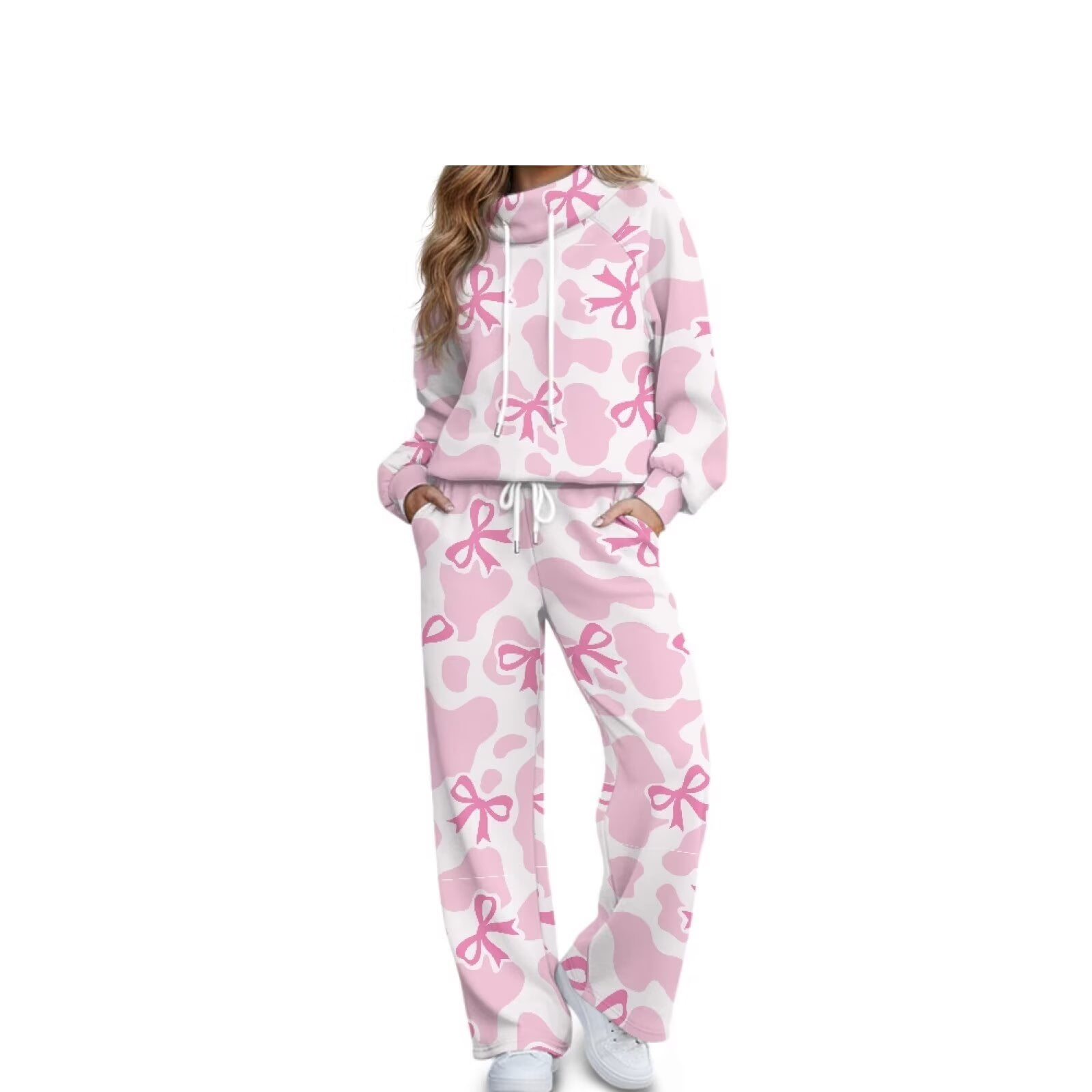 Garronmavis Women's 2 Piece Sweat Suits Pink Bow Camo Hoodie and Wide Leg Sweatpants with Pockets Drawstring Pullover Comfortable Outfit for Daily Wear and Relaxing