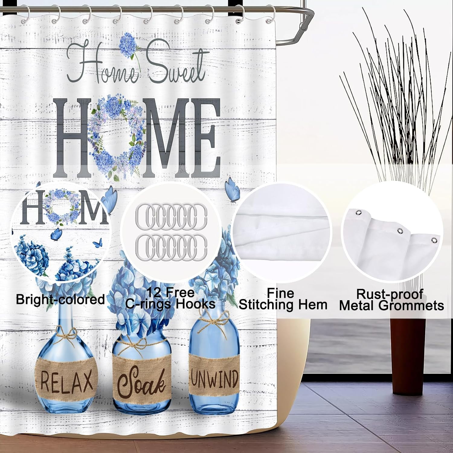 4 PCS Blue Hydrangea Shower Curtain Sets,Home Sweet Bathroom Set with Shower Curtain and Rugs and Accessories,Farmhouse Country Shower Curtain Bathroom Decor with 12 Hooks 72 X 72 Inches