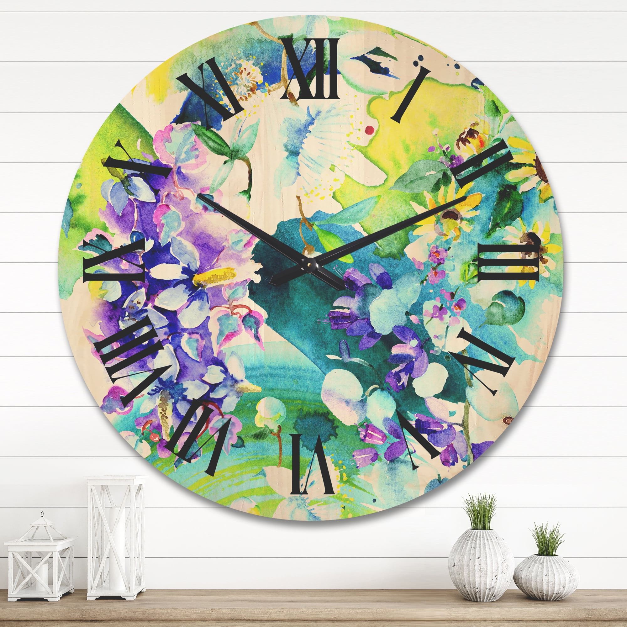 Designart 'Bouquet of Sunflowers and Wildflowers' Farmhouse Wood Wall Clock