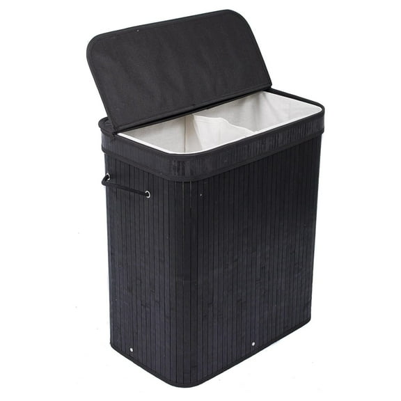 Bamboo Double Laundry Hamper with Lid - Black Collapsible Hamper Basket - 2 Section Laundry Sorter - String Handles - Bedroom, Bathroom, Laundry Room Divided Hamper