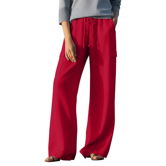 RQYYD Women's Linen Blend Wide Leg Cargo Pants Drawstring Waist Casual Trousers for Women