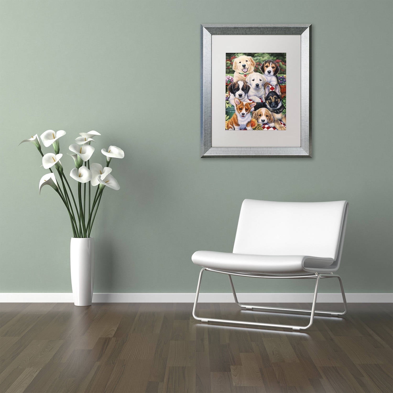 Trademark Fine Art 'Garden Puppies' Canvas Art by Jenny Newland, White Matte, Silver Frame