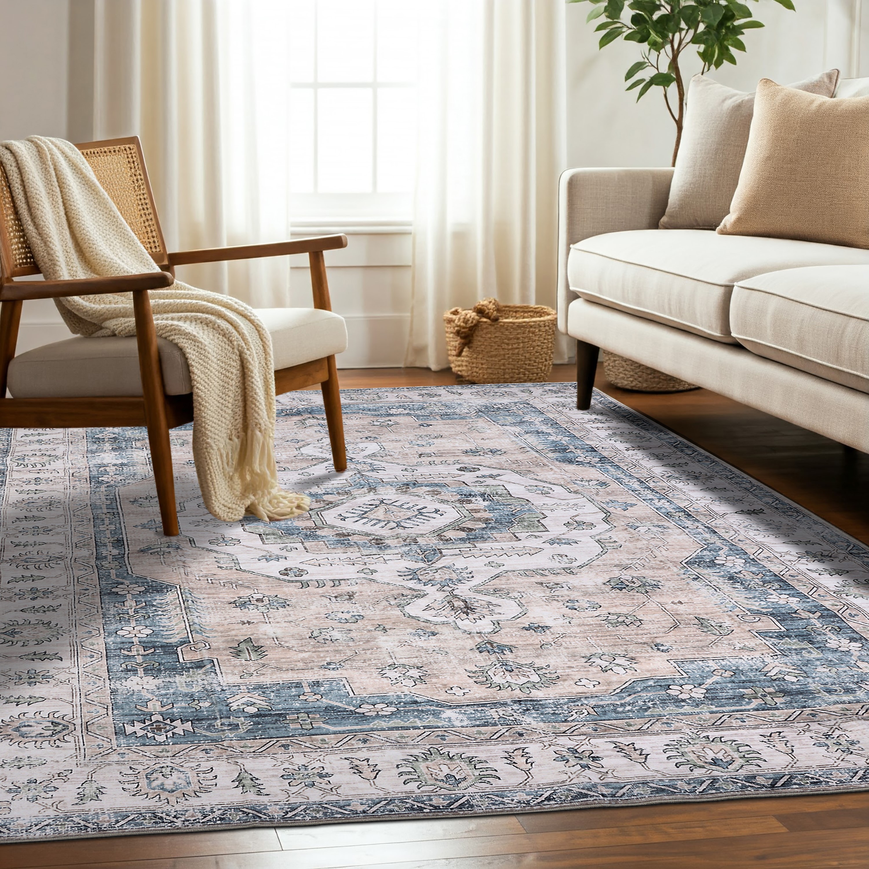 Delara 3'x5' Machine Washable Area Rug, Soft & Durable, Non-Slip, Stain Resistant, Vintage Bloom, for Bedroom, Living & Dining Room