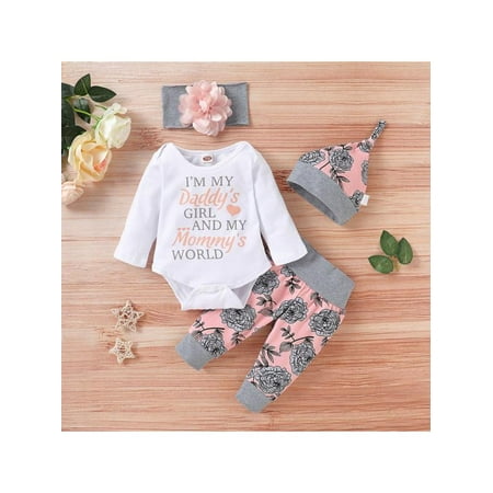 

Project Retro Newborn Baby Girl Bodysuit Romper Jumpsuit Playsuit 0-18 Months Clothes Romper Bodysuit+Flower Printed Pants+Headband+Hat Set YJ