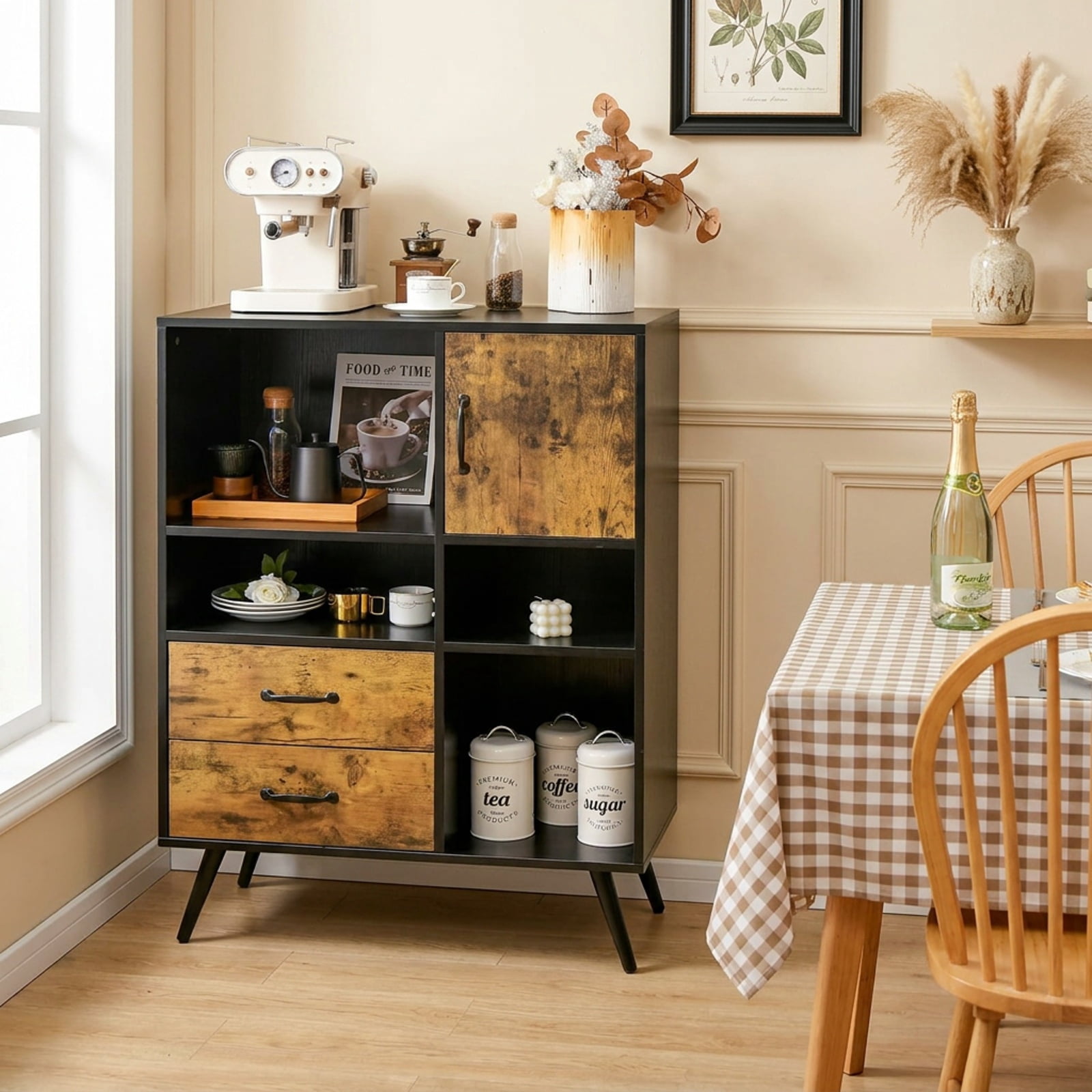 Furnibear Industrial Buffet Sideboard Kitchen Cupboard with Cubbies Drawers for Kitchen Dining Living Room Buffet Storage Server, Rustic Brown