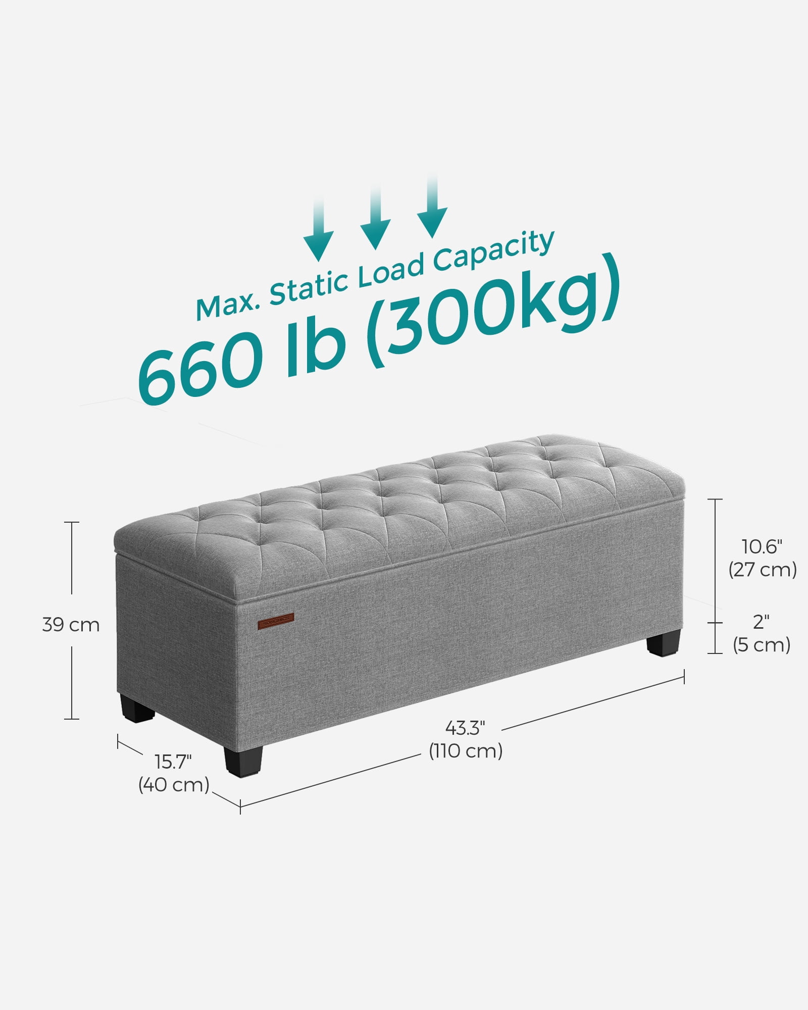 SONGMICS 43.3" Storage Ottoman Bench, Foot Rest with Legs, Ottoman with Storage, Rectangle End of Bed Bench, Storage Chest, Load up to 660 lb, Study