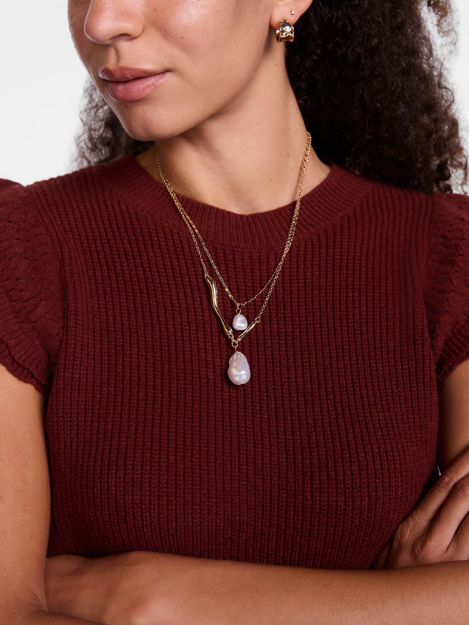Scenario Women's Gold-Tone Necklace with Faux Pearl Pendants, 2-Piece