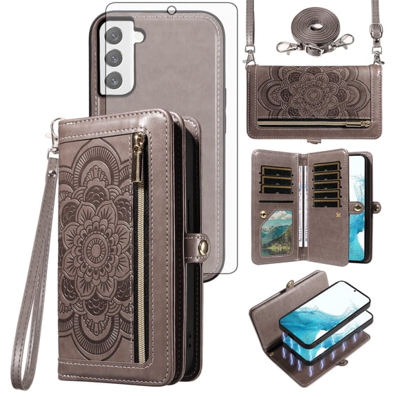 Asuwish Phone Case for Samsung Galaxy S22 5G Zipper Wallet Detachable Cell Cover with Tempered Glass Screen Protector Crossbody Strap Flower Flip Card Holder S 22 22S 4G G5 6.1 inch Women Girls Gray