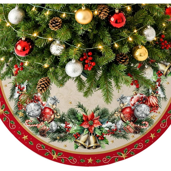 Red Balls Christmas Tree Skirt, Plush Tree Skirts for Party Farmhouse, Christmas Tree Decoration Decor,Christmas Decorations Skirt for Tree, Holiday Home Party Decor, 48 inch