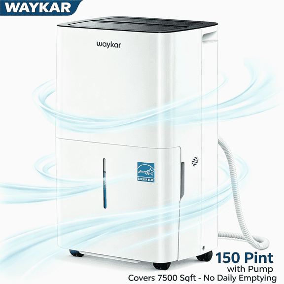 Waykar 150 Pint Dehumidifier with Built-in Pump, No Daily Emptying, Continuous Auto Drain for Basements & Whole House up to 7,500 Sq. Ft, 50 Pint DOE, Auto Defrost