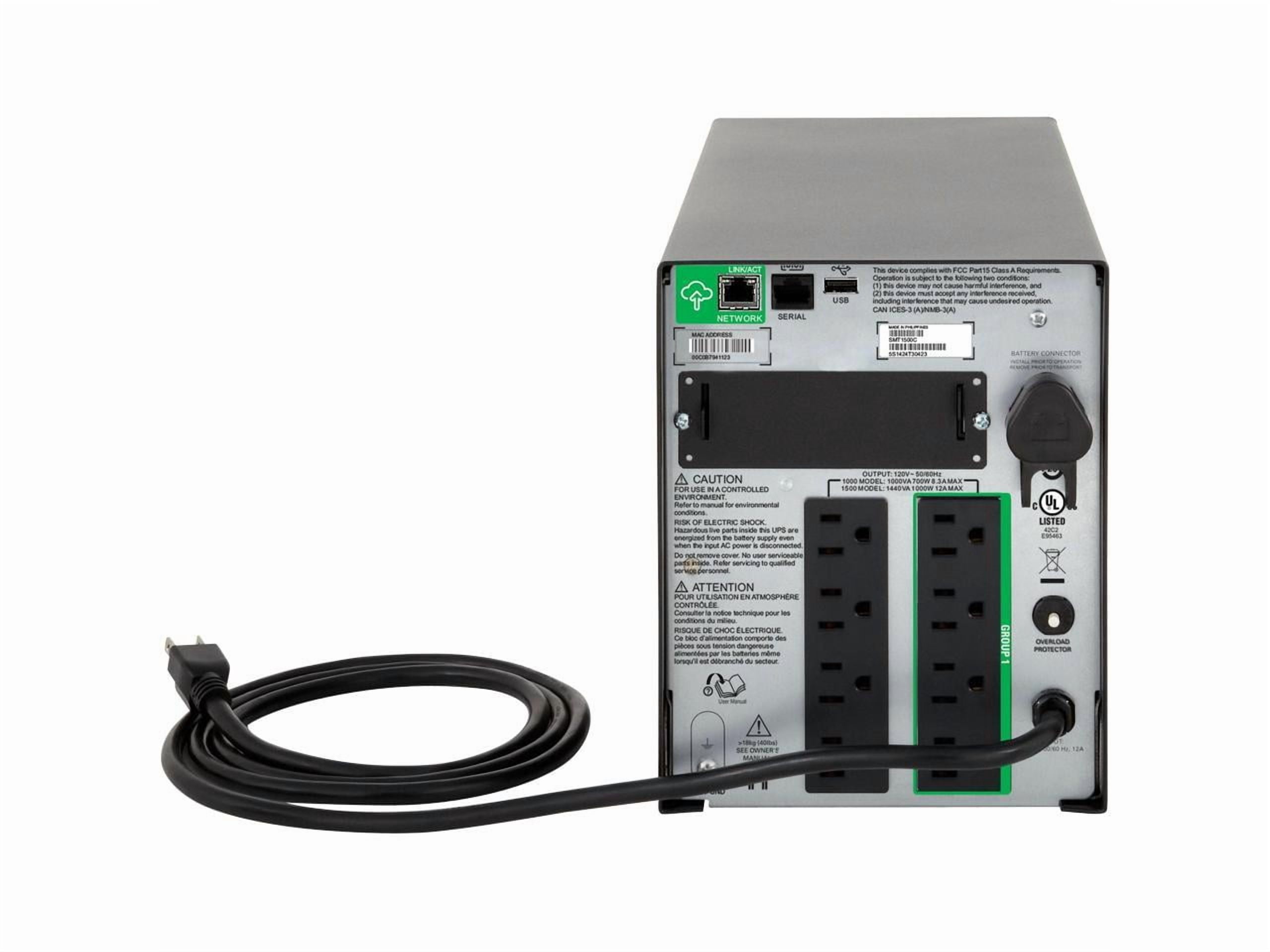 APC Smart-UPS, Line Interactive, 1000VA, Tower, 120V, 8x NEMA 5-15R outlets, SmartConnect Port+SmartSlot, AVR, LCD, TAA