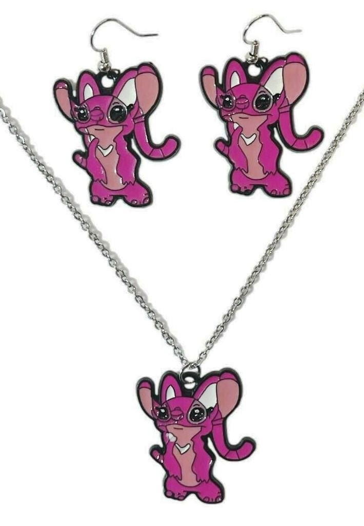 Lilo And Stitch Angel Pink Enamel Metal Pendant Necklace And Earrings Set