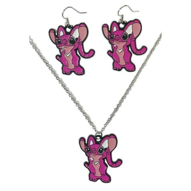 Lilo And Stitch Angel Pink Enamel Metal Pendant Necklace And Earrings