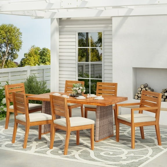 Christopher Knight Home Outdoor Dining Set for 6, Wood Table with Beige Cushioned Chairs, Brown Wicker