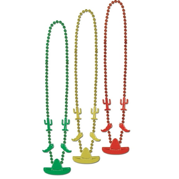 Party Central Pack of 12 Green and Red Mexican Fiesta Cinco de Mayo Party Bead Necklaces 33"