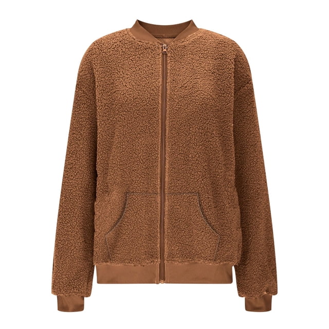 HAiming Womens Zip up Fleece Jacket Long Sleeve Fuzzy Comfy Solid Color Tops Fall Winter Outwear Coat with Pockets