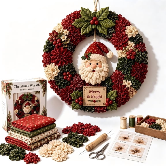 Clearance! 3D Fabric Poke Wreath DIY Kit, 14" Christmas Wreath DIY Kit for Adults, Beginner-Friendly Holiday Wreath Making Kit & Door Decor (Santa)