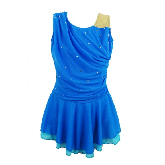 LIUHUO Custom Figure Skating Dress Girls Ladies Spandex Blue with Asymmetrical Shoulder Blue Cyan Overlay Skirt Hem