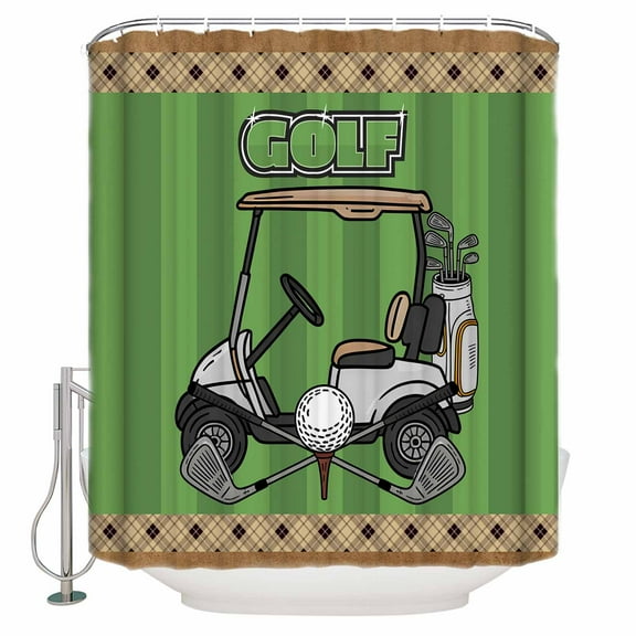 54x78 Inch Shower Curtain Decorative Golf Club Car Bathtub Bath Curtains Fabric Waterproof Bathroom Decor Green Grassland Wooden Grain Plaid Pattern Small Stall Shower Curtain Set with 12 Hooks