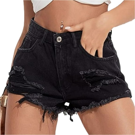 Jean Shorts for Women Trendy High Waisted Cutoff Shorts Stretchy Distressed Jean Shorts with Pockets (Black)