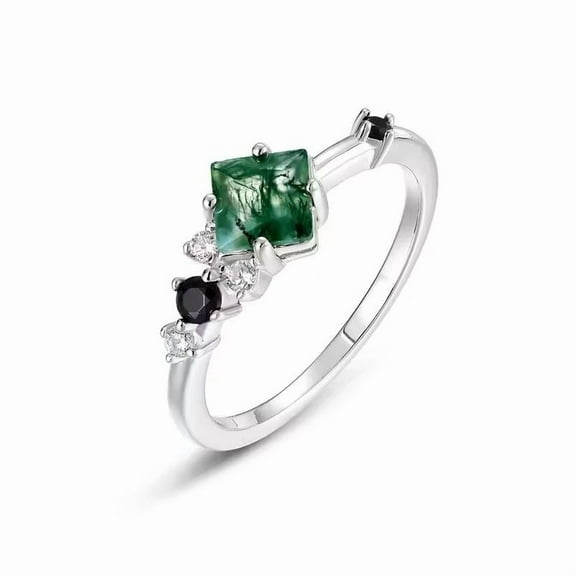 Square Cut Lab Created Moss Agate & Diamond, Black Onyx Vintage Engagement Ring in 925 Sterling Silver – Unique Wedding Engagement Ring, Perfect Bride Gift Fine Jewelry