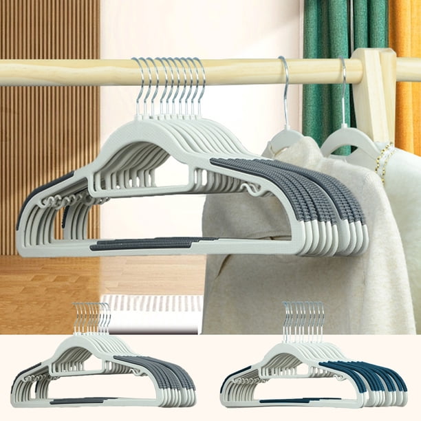 Paquete de 10 perchas de ropa antideslizantes con gancho giratorio de 360 grados, perchas de plástico gris/azul para los hombros con gancho pequeño a prueba de viento, perchas de organización de