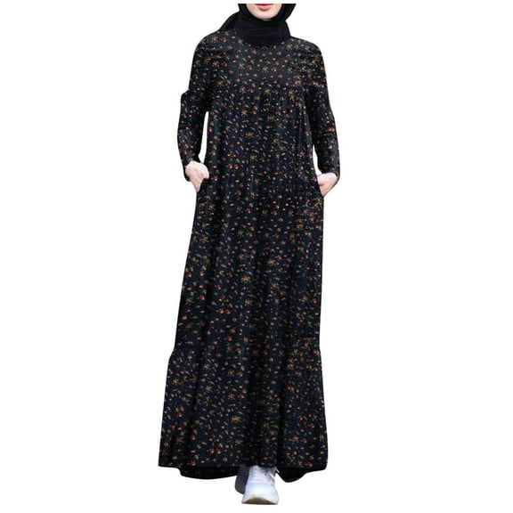 XIAOCHA Floral Printed Abaya for Women Loose Tiered Pocketed Long Sleeve Crew Neck Maxi Dress Breathable Modest Casual Dresses