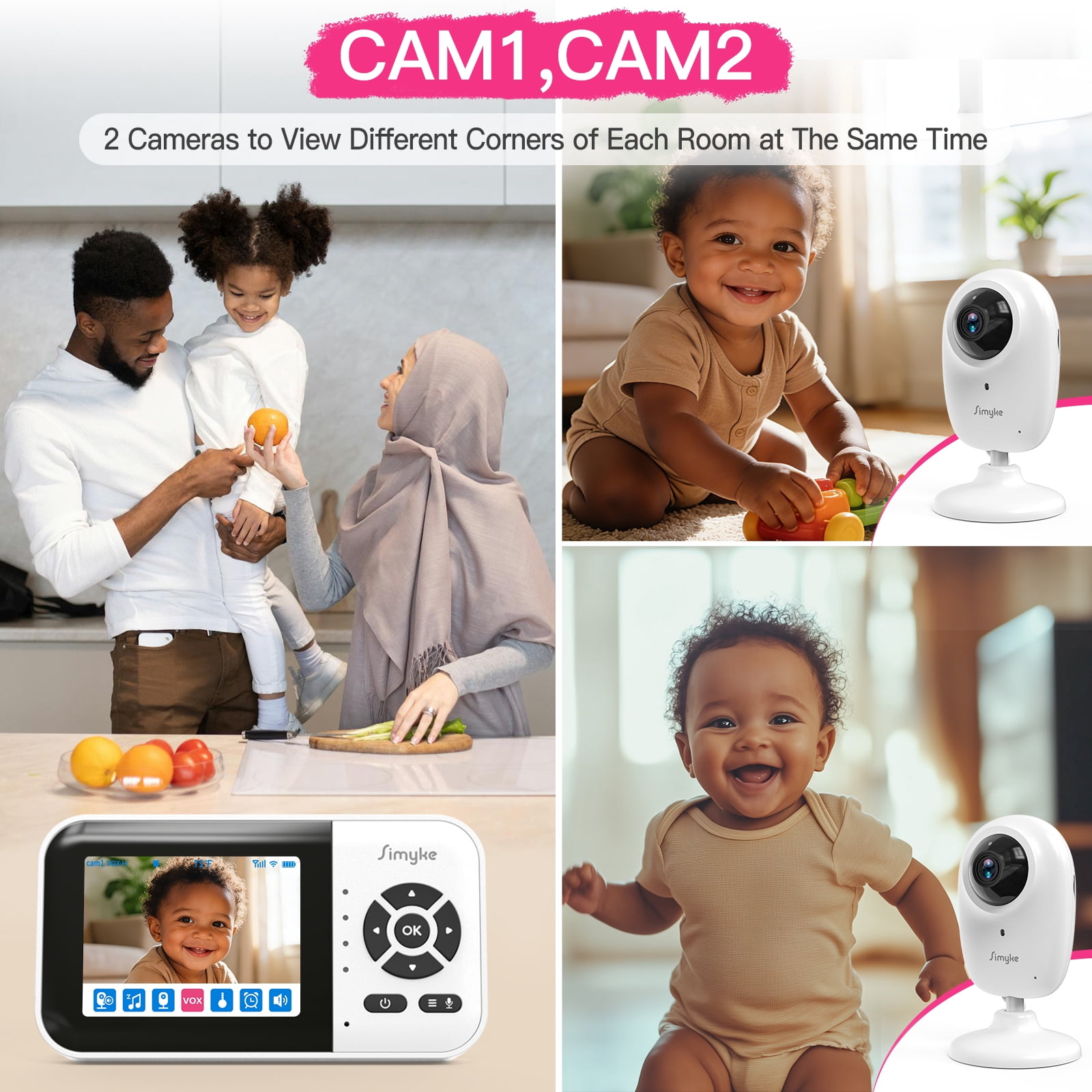 1080p Smart 2Camera Video BabyMonitor,Wifi On/Off Switch,2.8" inch Display or WiFi Remote Access,NightVision,1500ft Long Range,2-Way Talk,Sound Alert,Temperature Sensor,Lullabies Feeding Remind