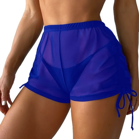 iOPQO Swimwears Tankinis Set plus size swimsuit for women Women Side Drawstring Mesh Cover Up Shorts Beach Cover Up Beach Wrap Bikini Wraps Cover Ups For Swimwear Ruffle Pants Blue L